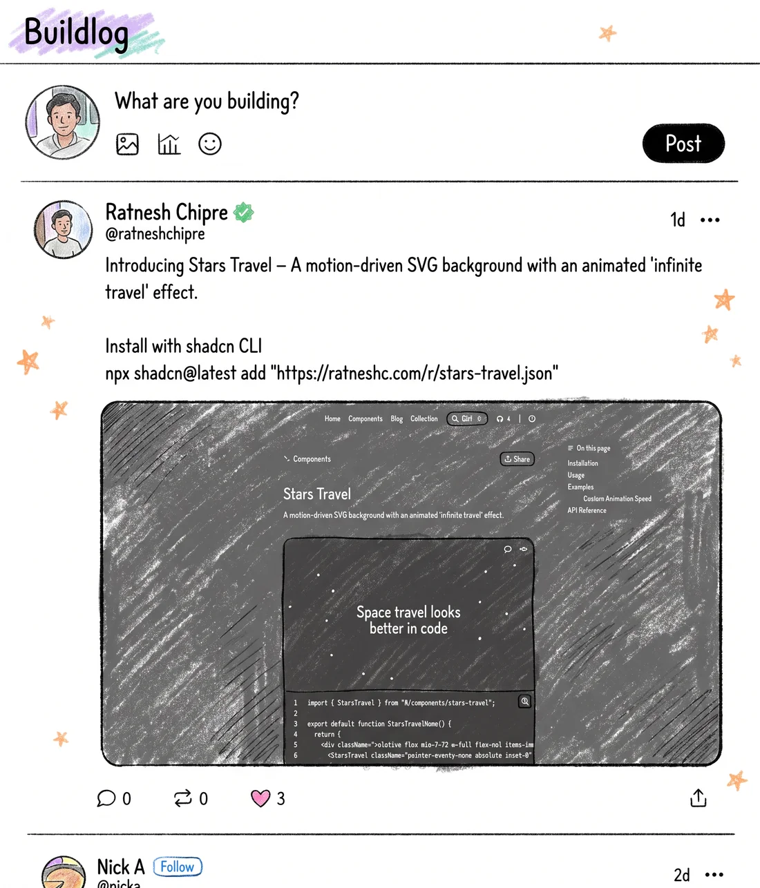 Hand-drawn Buildlog feed where makers share what they are building