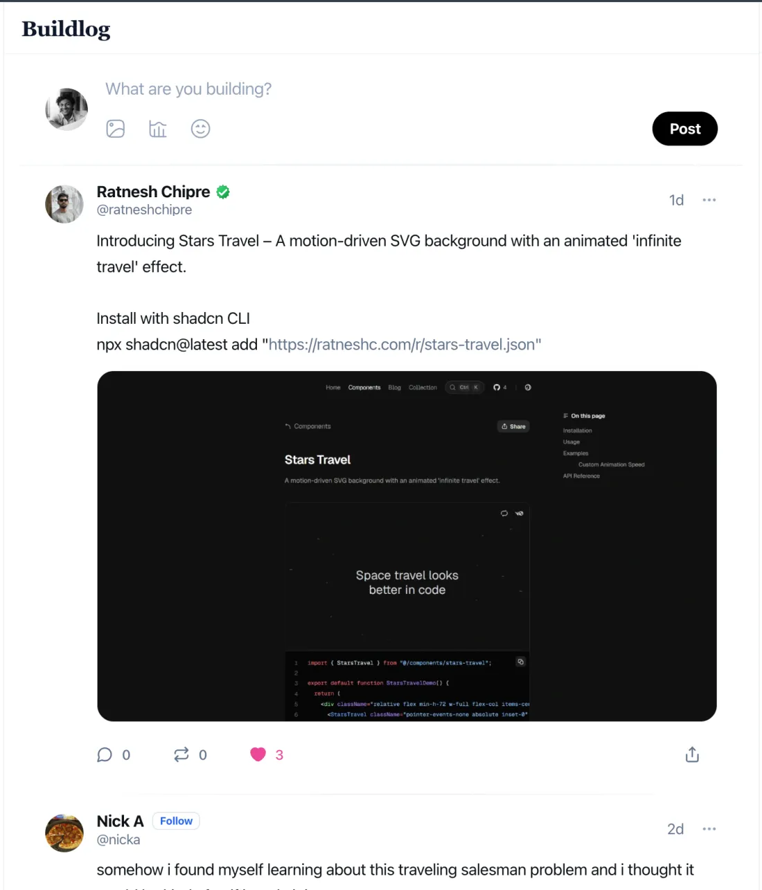Buildlog post feed preview
